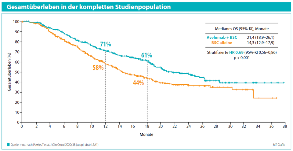 Die Hinzunahme des PD-L1-Hemmers Avelumab zu Best Supportive Care resultiert in einer Steigerung der Gesamtüberlebensrate nach 18 Monaten von 44 % auf 61 %.