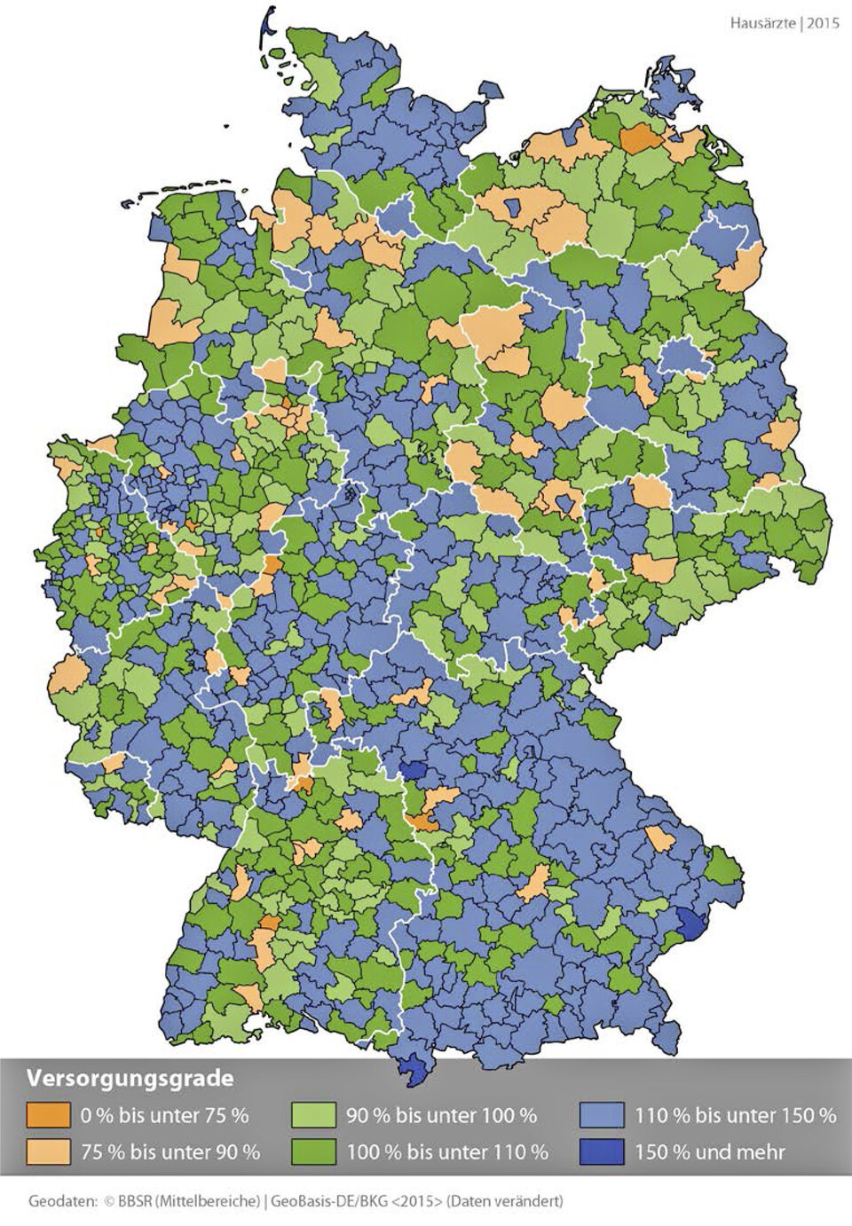 Abb. 2: Regionale Verteilung der Hausärzte* (Vertragsärzte) nach Planungsbereichen 2015, * Allgemeinärzte, praktische Ärzte, nicht fachärztlich tätige Internisten ohne Kinderärzte, Quelle: Meldungen der Kassenärztlichen Vereinigungen und Berechnungen des WIdO