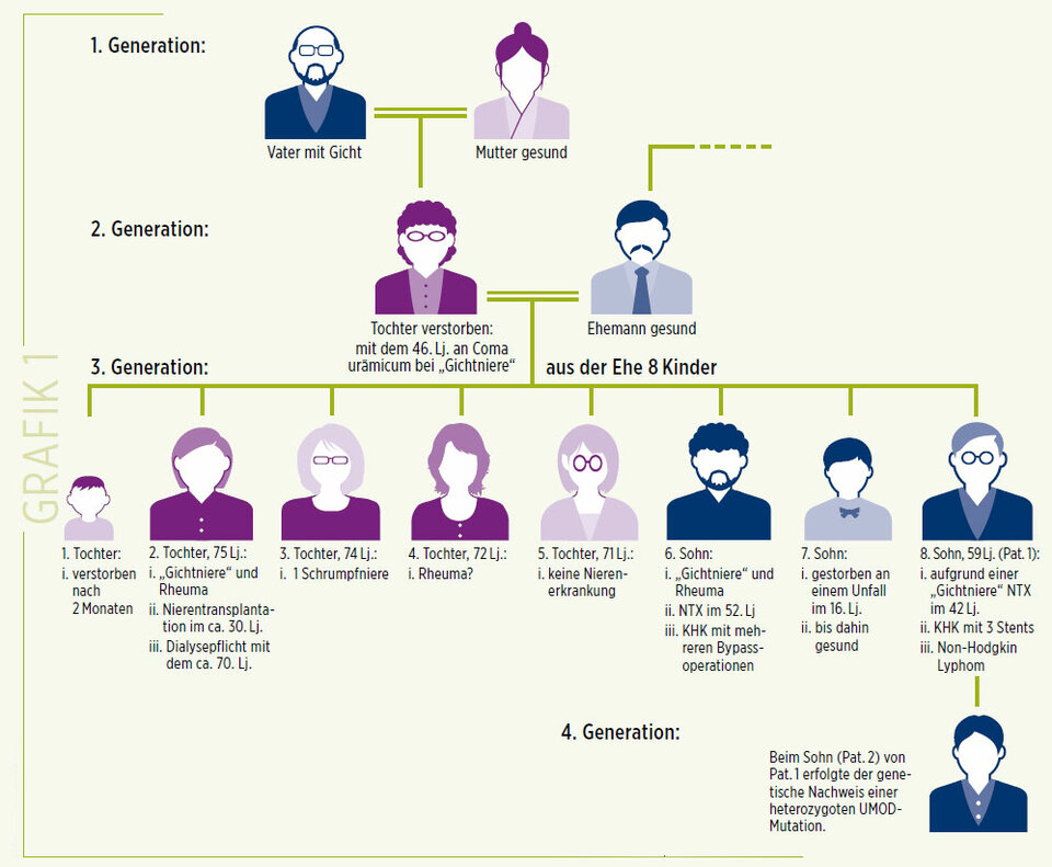 Ein typischer Stammbaum über vier Generationen für eine ADTKD.