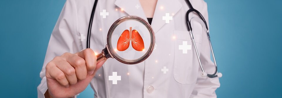 Female doctor in white coat holding magnifier focus to virtual lungs surrounded by oxygen. Doctor examining the health of the patient's lungs. Concept of respiratory health, World Lung Cancer Day.